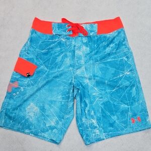 Under Armour Bright Blue Swim Trunks‎ with Coral Waistband